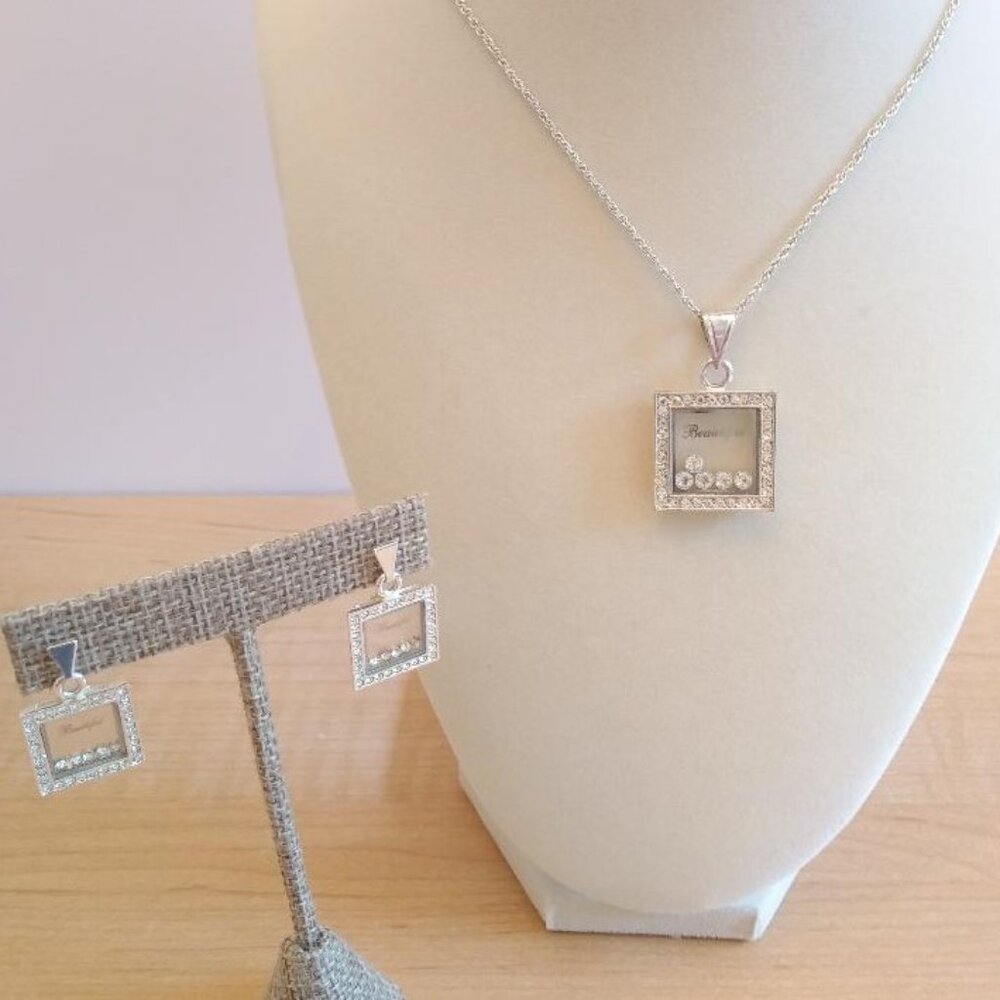 Silver Tone Chain Pendant with Rhinestones & Matching Earrings